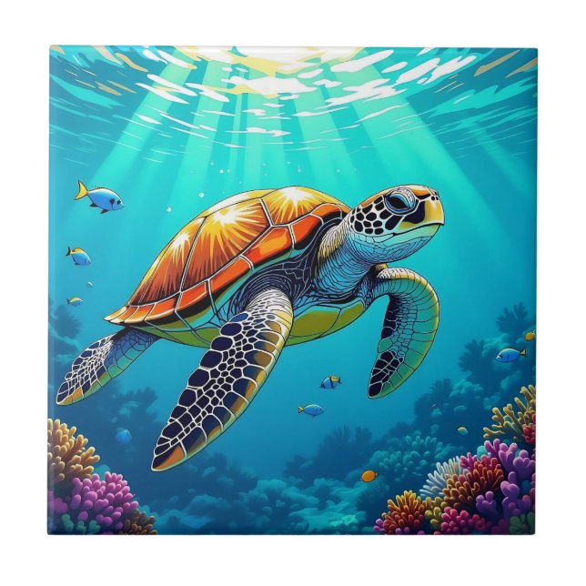 Sea Turtle Vibrant Ocean Illustration Ceramic Tile (Front)