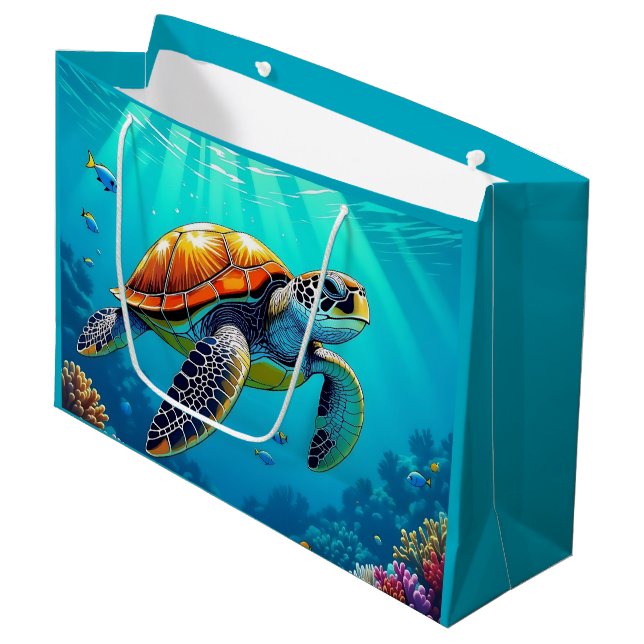 Sea Turtle Vibrant Ocean Illustration Large Gift Bag (Front Angled)