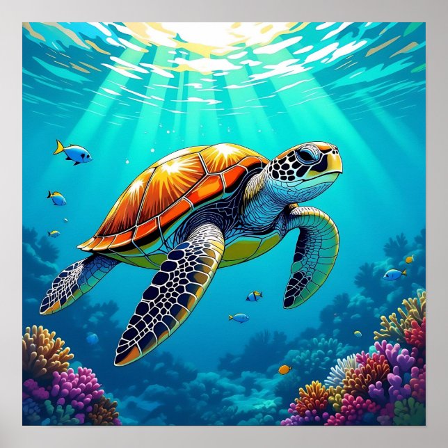 Sea Turtle Vibrant Ocean Illustration Poster (Front)