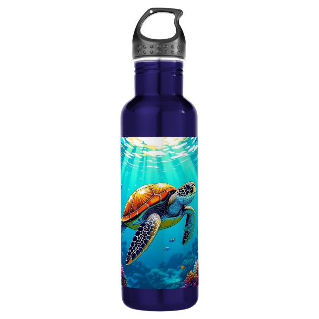 Sea Turtle Vibrant Ocean Illustration Stainless Steel Water Bottle (Front)