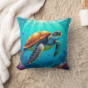 Sea Turtle Vibrant Ocean Illustration Throw Pillow