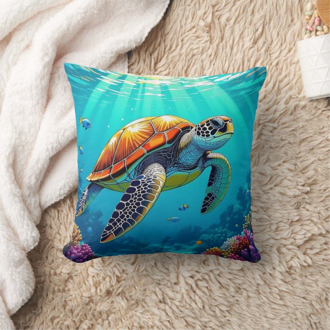 Sea Turtle Vibrant Ocean Illustration Throw Pillow (Blanket)