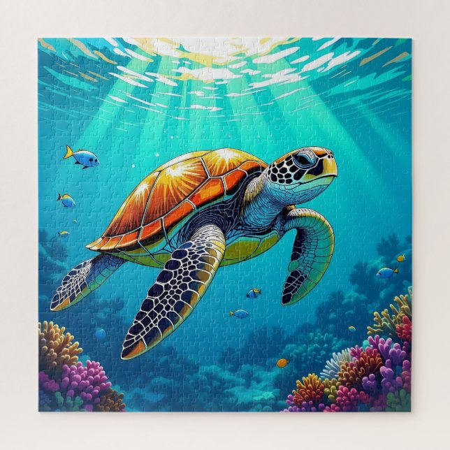 Sea Turtle Vibrant Underwater Illustration Jigsaw Puzzle (Vertical)