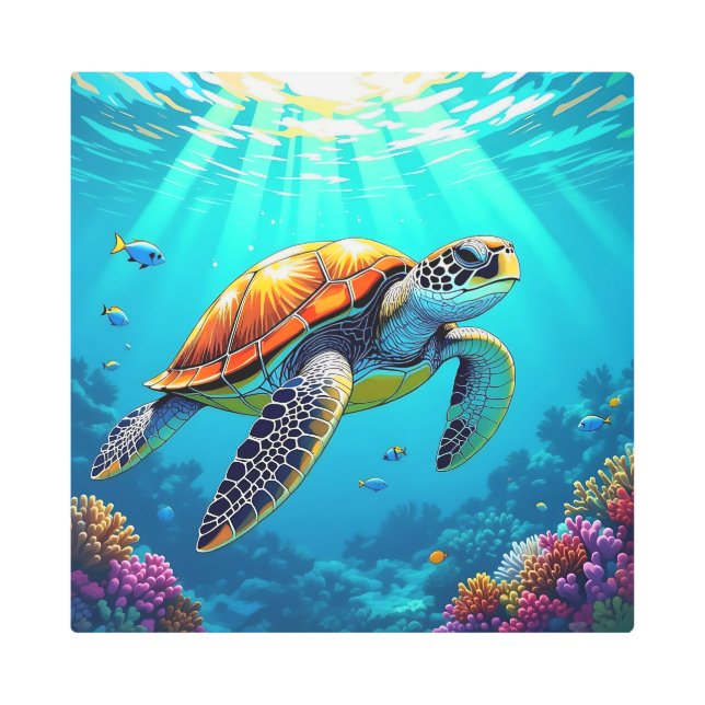Sea Turtle Vibrant Underwater Illustration Metal Print (Front)