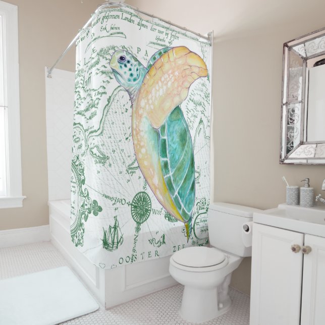 Sea Turtle Vintage Green Shower Curtain (In Situ)