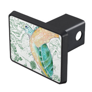 Sea Turtle Vintage Map white Hitch Cover