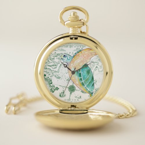 Sea Turtle Vintage Map white Pocket Watch