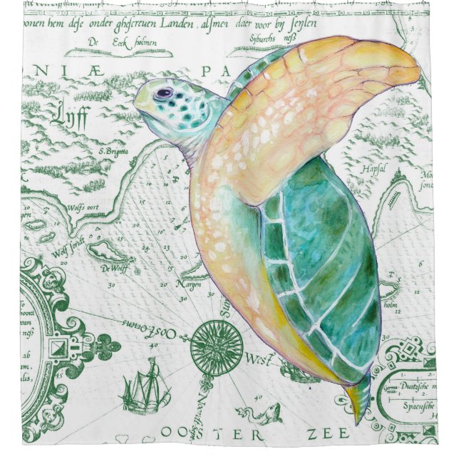 Sea Turtle Vintage Map white Shower Curtain (Front)