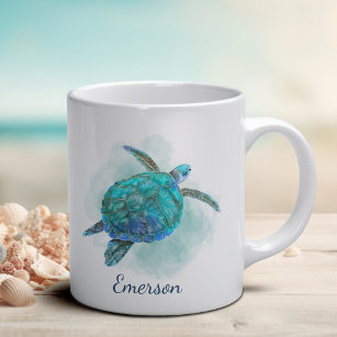 Sea Turtle Watercolor Aqua Blue Personalized Coffee Mug