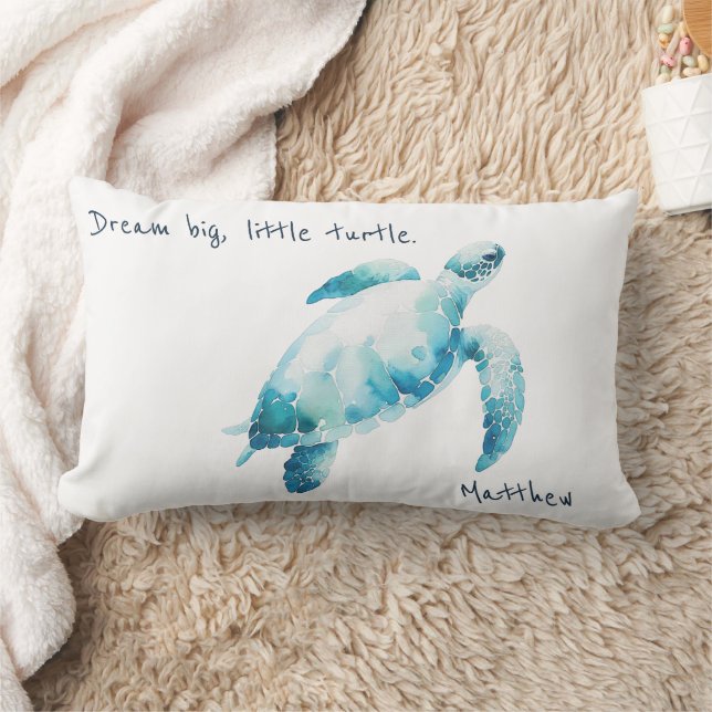 Sea Turtle Watercolor Blue Minimal Nursery Lumbar Pillow (Blanket)