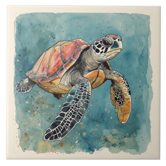 Sea Turtle Watercolor Ceramic Tile (Front)