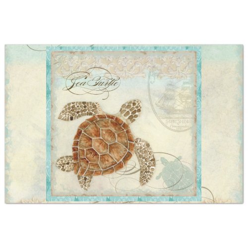 Sea Turtle Watercolor Ephemera Script Decoupage Tissue Paper
