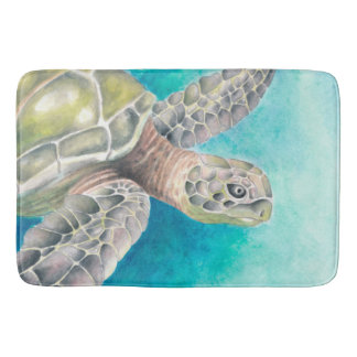 Sea Turtle Watercolor Green Bath Mat