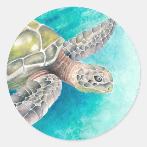 Sea Turtle Watercolor Green Classic Round Sticker