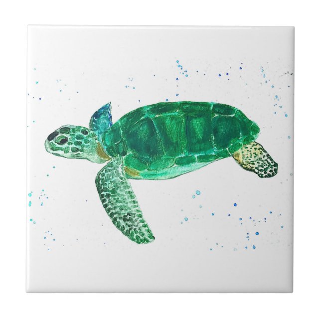 Sea turtle Watercolor Green Nautical Ocean Ceramic Tile (Front)