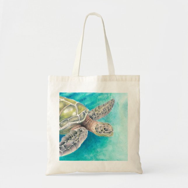 Sea Turtle Watercolor Green Tote Bag (Front)