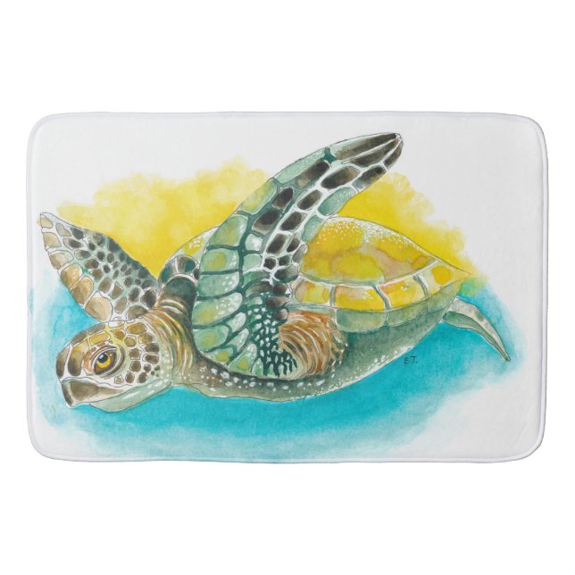 Sea Turtle Watercolor ink Green Bath Mat (Front)