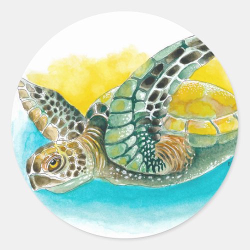 Sea Turtle Watercolor ink Green Classic Round Sticker