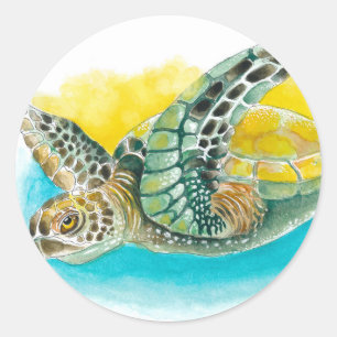 Sea Turtle Watercolor ink Green Classic Round Sticker