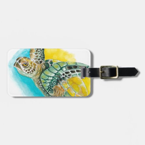 Sea Turtle Watercolor ink Green Luggage Tag