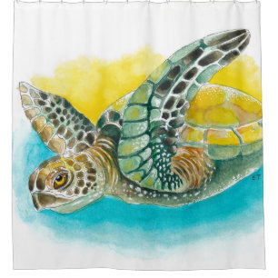 Sea Turtle Watercolor ink Green Shower Curtain