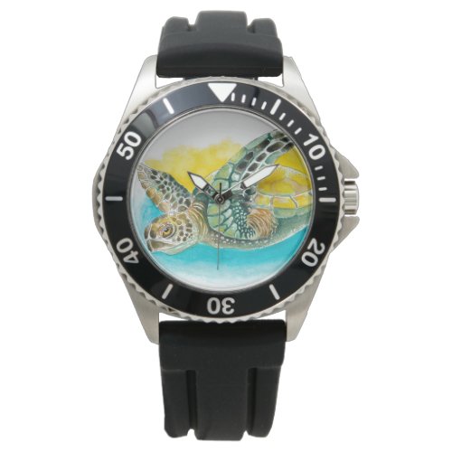 Sea Turtle Watercolor ink Green Watch