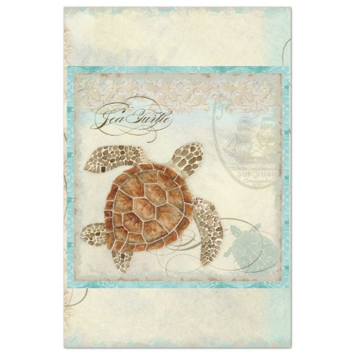 Sea Turtle Watercolor Script Ephemera Decoupage Tissue Paper