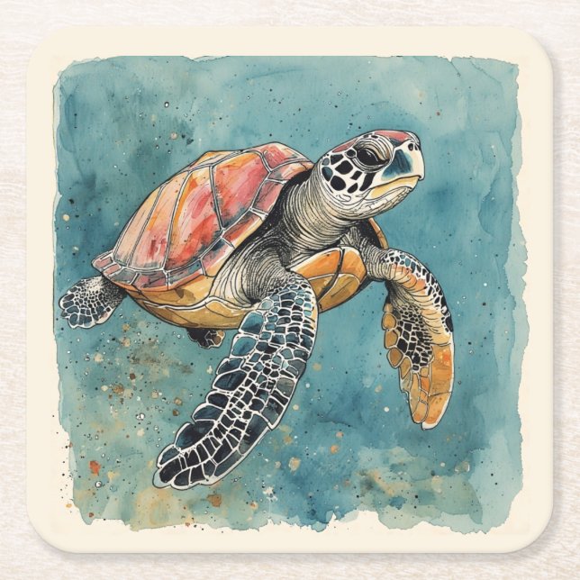 Sea Turtle Watercolor Square Paper Coaster (Front)
