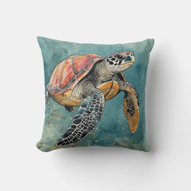 Sea Turtle Watercolor Throw Pillow (Front)