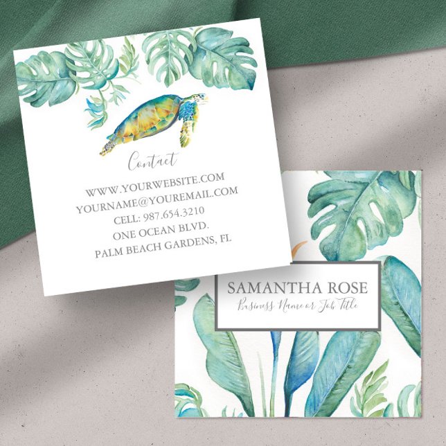 Sea Turtle Watercolor Tropical Greenery Square Business Card (template business cards tropical watercolor sea turtle and palm leaves Do Tell A Belle)