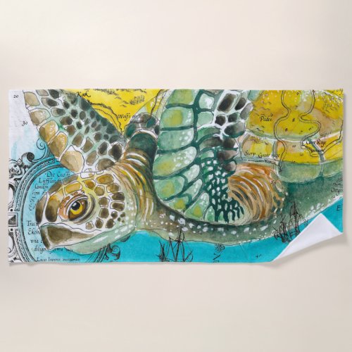 Sea Turtle Watercolor Vintage Map white Beach Towel
