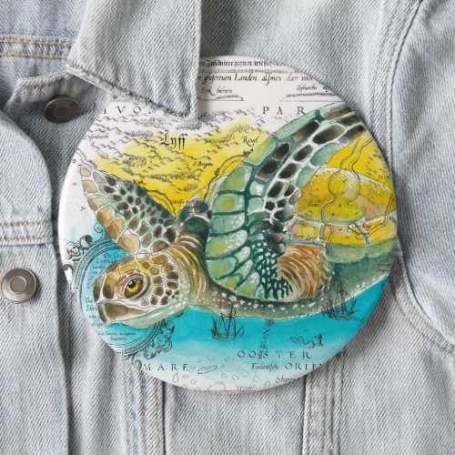 Sea Turtle Watercolor Vintage Map white Button