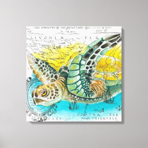 Sea Turtle Watercolor Vintage Map white Canvas Print