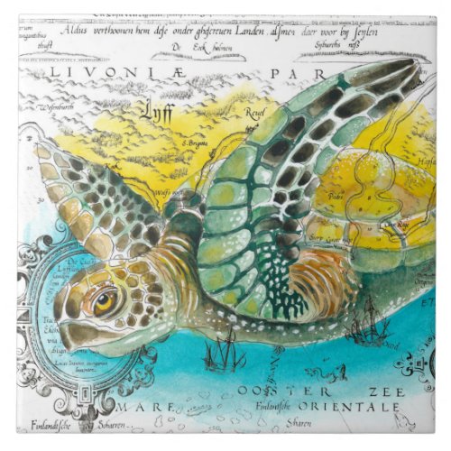 Sea Turtle Watercolor Vintage Map white Ceramic Tile