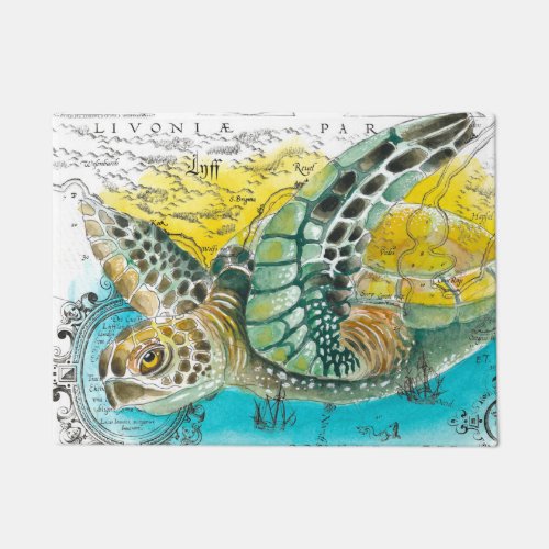 Sea Turtle Watercolor Vintage Map white Doormat