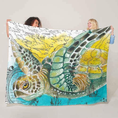 Sea Turtle Watercolor Vintage Map white Fleece Blanket