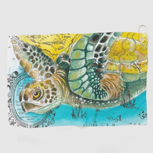 Sea Turtle Watercolor Vintage Map white Golf Towel