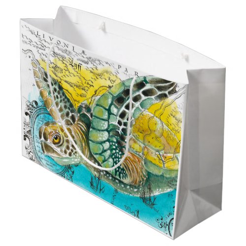 Sea Turtle Watercolor Vintage Map white Large Gift Bag