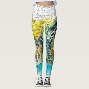 Sea Turtle Watercolor Vintage Map white Leggings