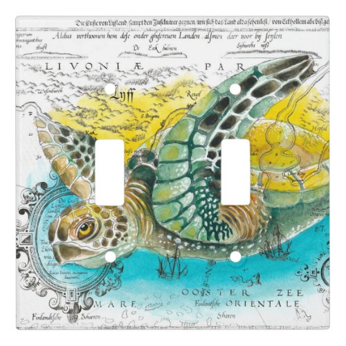 Sea Turtle Watercolor Vintage Map white Light Switch Cover