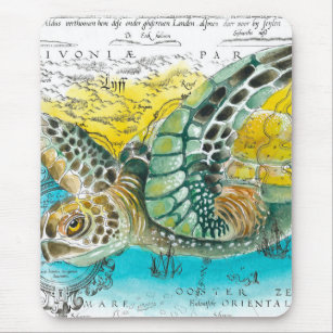 Sea Turtle Watercolor Vintage Map white Mouse Pad