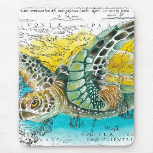 Sea Turtle Watercolor Vintage Map white Mouse Pad