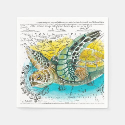 Sea Turtle Watercolor Vintage Map white Napkins