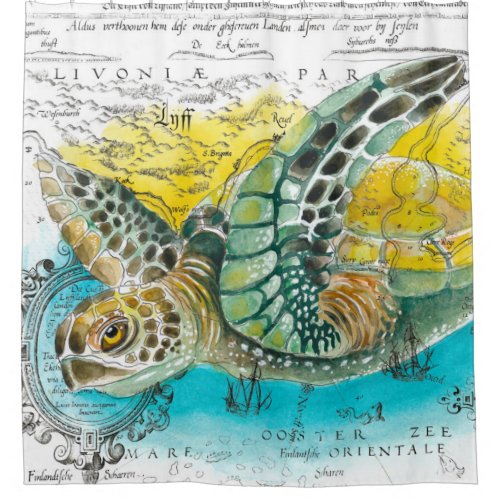 Sea Turtle Watercolor Vintage Map white Shower Curtain