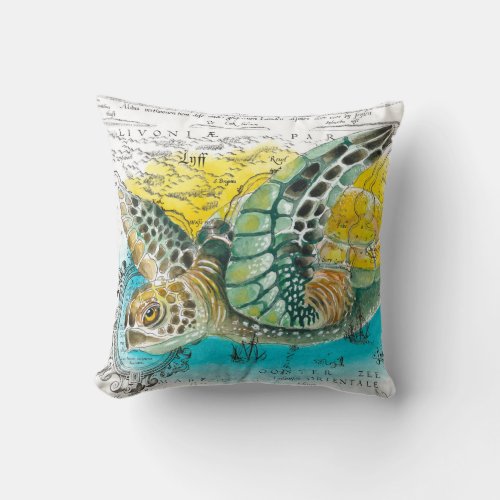 Sea Turtle Watercolor Vintage Map white Throw Pillow