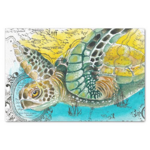 Sea Turtle Watercolor Vintage Map white Tissue Paper