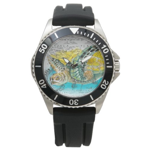 Sea Turtle Watercolor Vintage Map white Watch