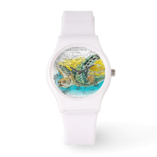 Sea Turtle Watercolor Vintage Map white Watch