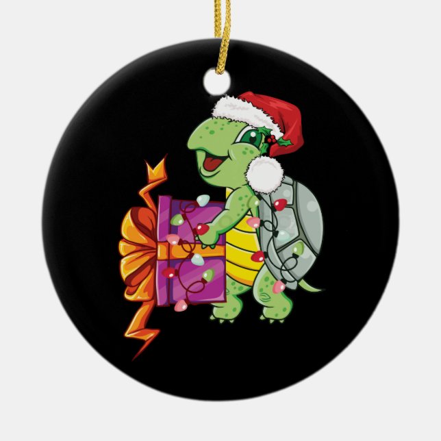 Sea Turtle Wearing Santa Hat Merry Christmas Light Ceramic Ornament (Front)