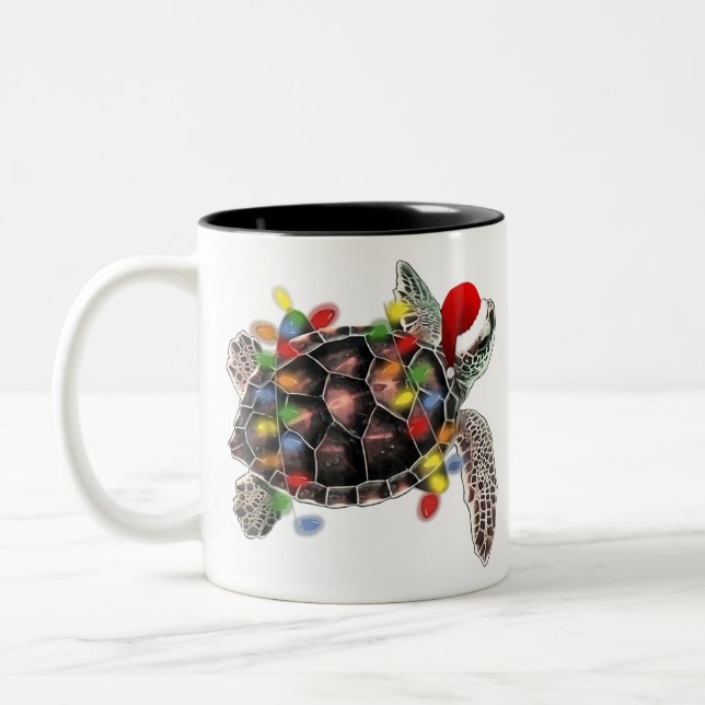 Sea turtle wearing santa hat merry christmas Two-Tone coffee mug (Left)
